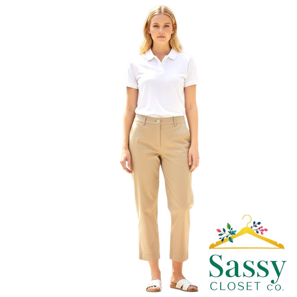 Talbots Tan Cropped Chino Pants 10 New England Double Button Wide Leg Crop